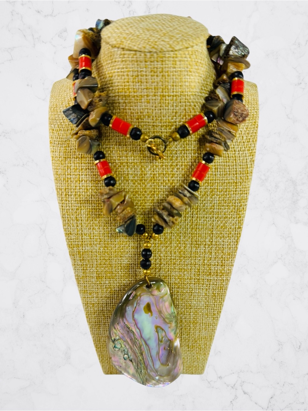 Boho Natural Abalone Shell MOP Statement Necklace Iridescent Chip Beaded 19”